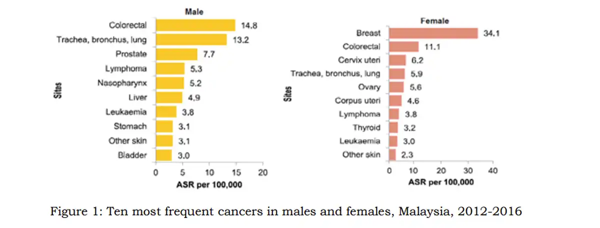Top ten cancers in Malaysia based on genders image